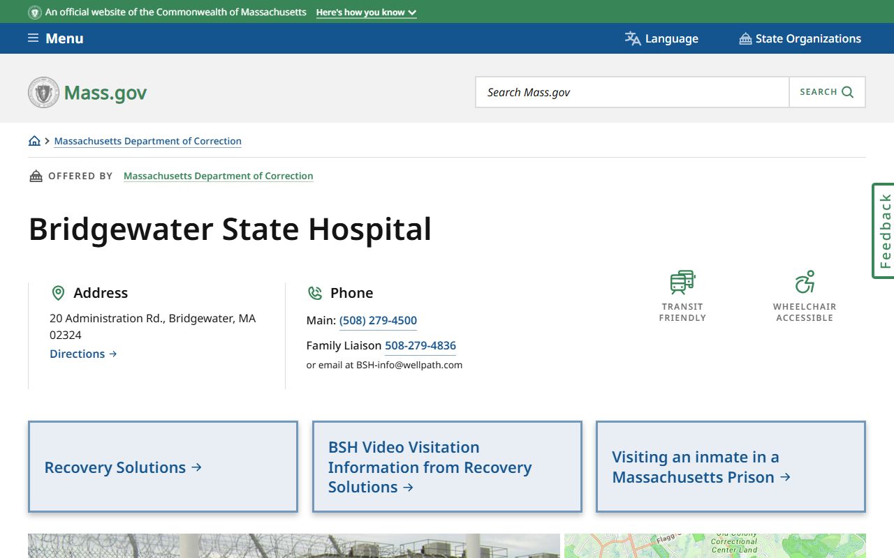 Bridgewater State Hospital custody records facility page for Plymouth County