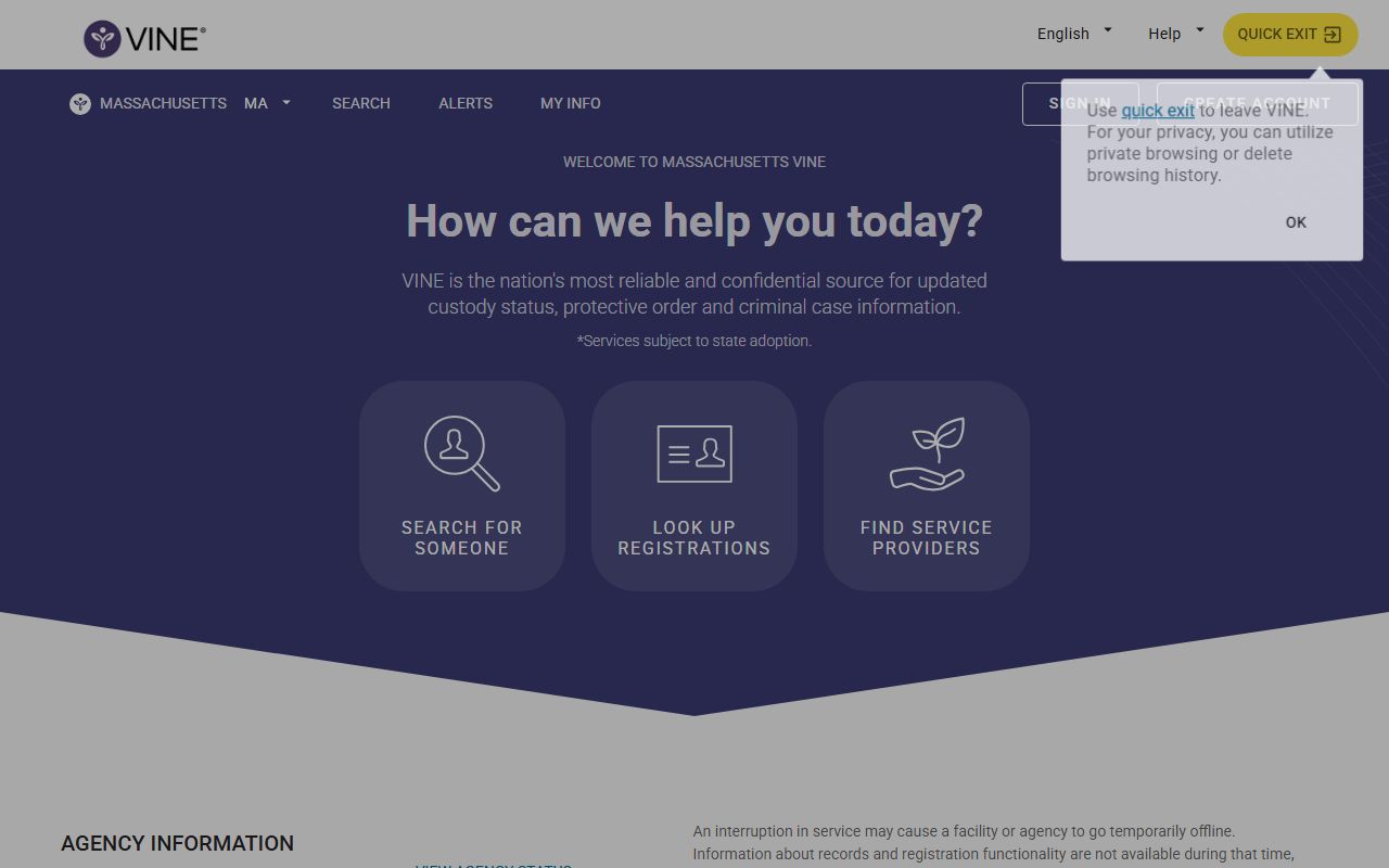 Massachusetts VINE portal for Plymouth County inmate search