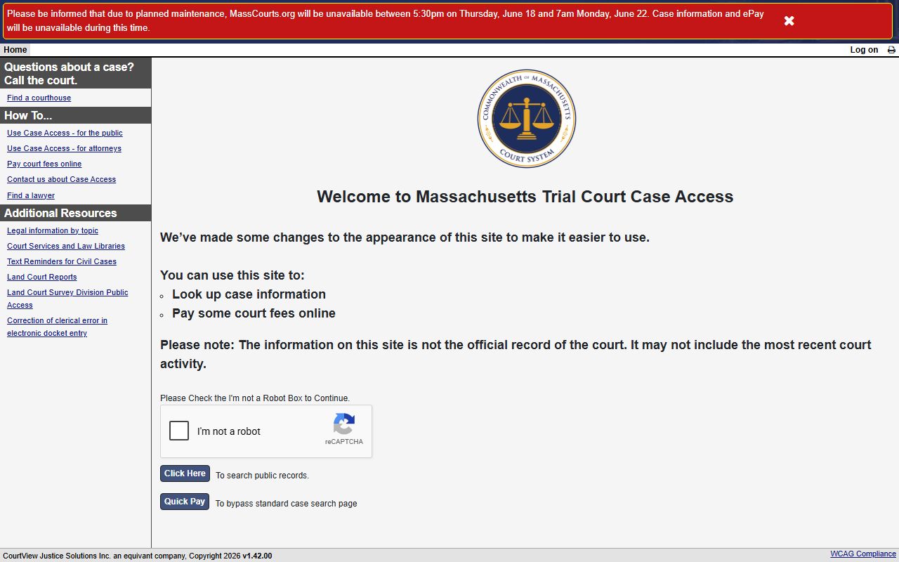MassCourts portal for Plymouth County court records after arrest