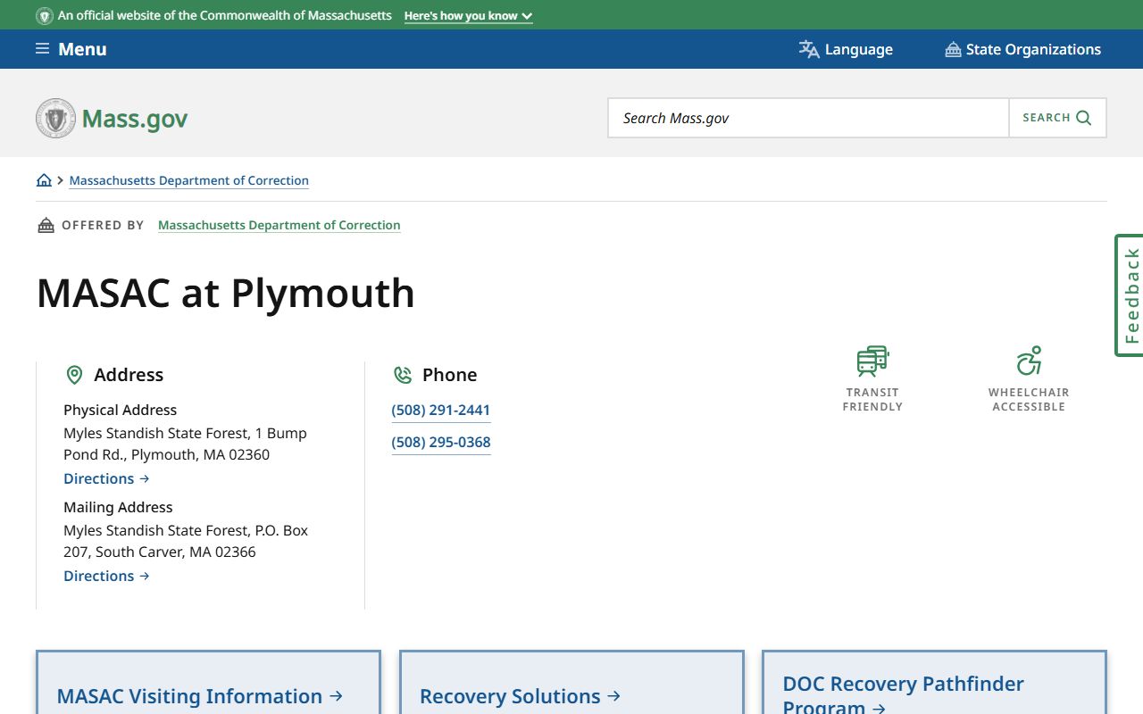 Official Mass.gov MASAC at Plymouth facility page