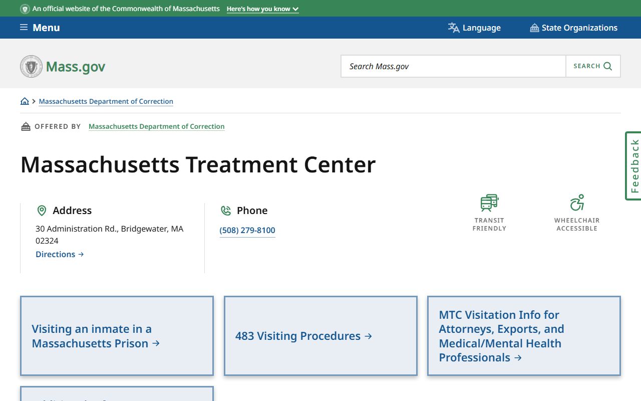 Official Mass.gov Massachusetts Treatment Center facility page