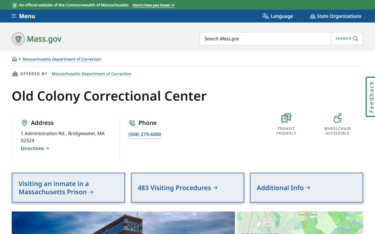 Old Colony Correctional Center inmate lookup facility page for Plymouth County