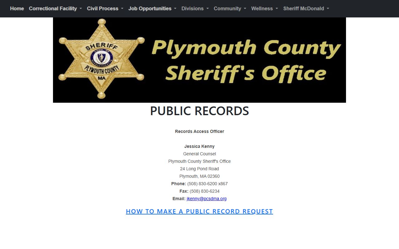 Plymouth County public records page for jail mugshot requests